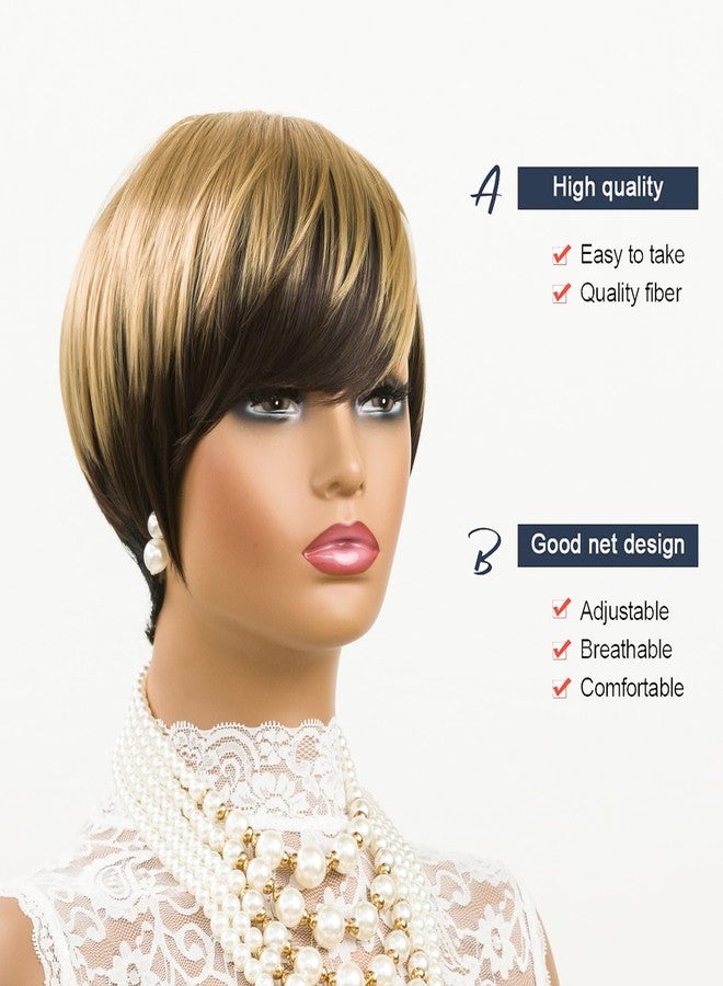 MOONSHOW Short Pixie Cut Wigs for Black Women Ombre Blonde Pixie Cut Wig Straight 1B/4/27 Color Short Bob Wig with Bangs Synthetic Blonde Hair Pixie Wigs for Black Women - Image 3